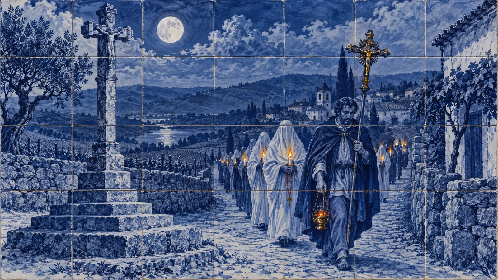 The procession of souls: Agostinho leads it, holding the cross you rebuild in his hands.