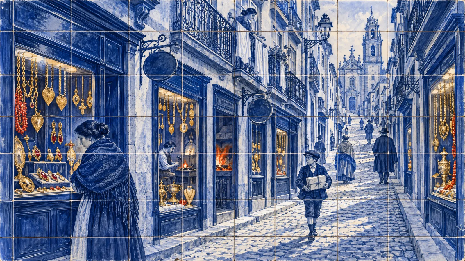 Rua das Flores, Porto: Gaspar's street of goldsmiths' windows, where the platinum letter comes from.