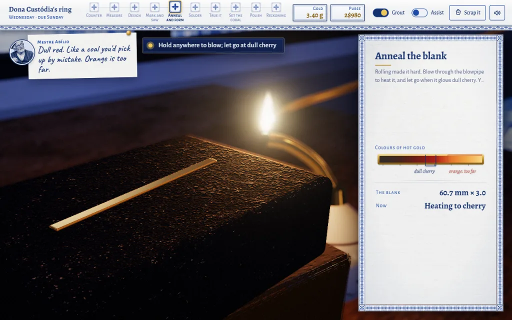 A gold strip glowing by an oil lamp