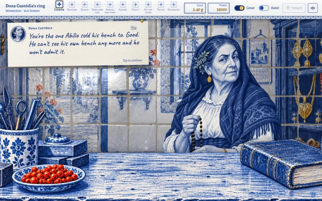 Dona Custódia at the shop counter, with a bowl of red coral
