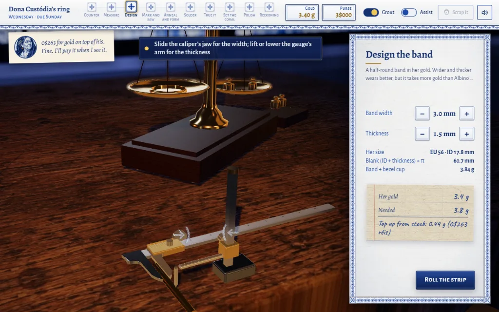Design the band: Width and thickness; the blank length and her 3.4 g of gold against the model update live.