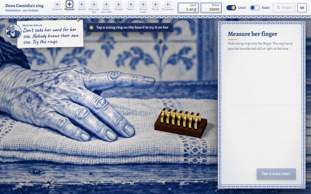 Measure: Brass sizers on the board, tried past her knuckle. Tap the worn one to take it off.