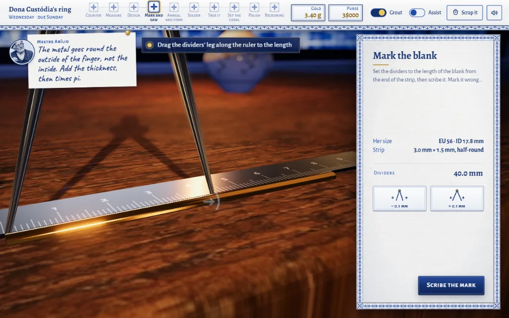 Marking the ring blank with dividers along a steel rule