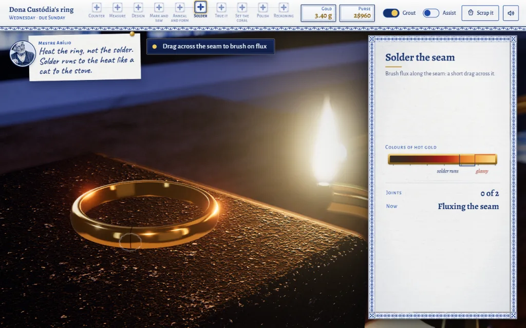 A gold ring on the soldering block with a heat chart