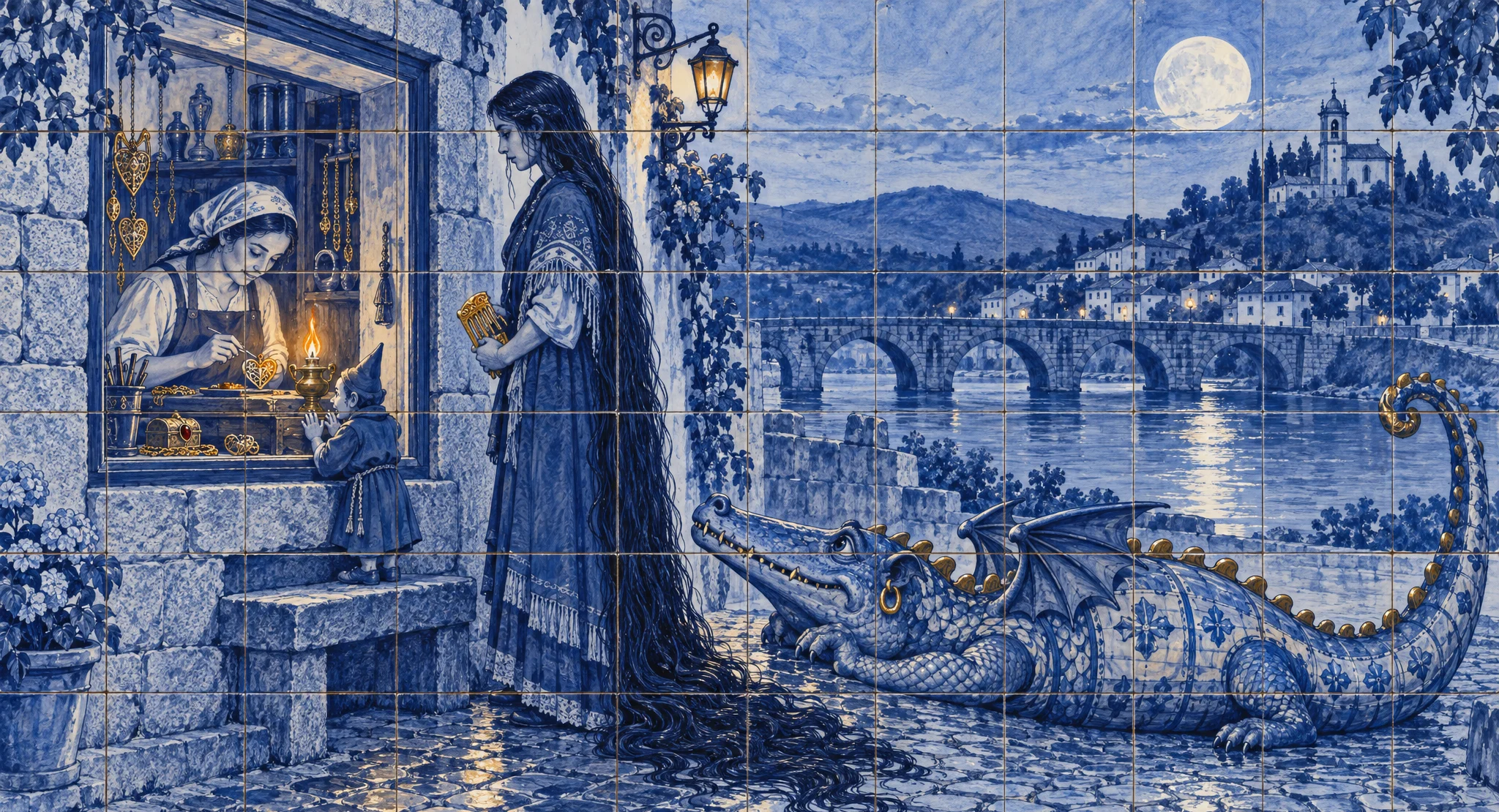 Key art: the goldsmith at the bench in a blue-and-white azulejo workshop, the gold glowing.
