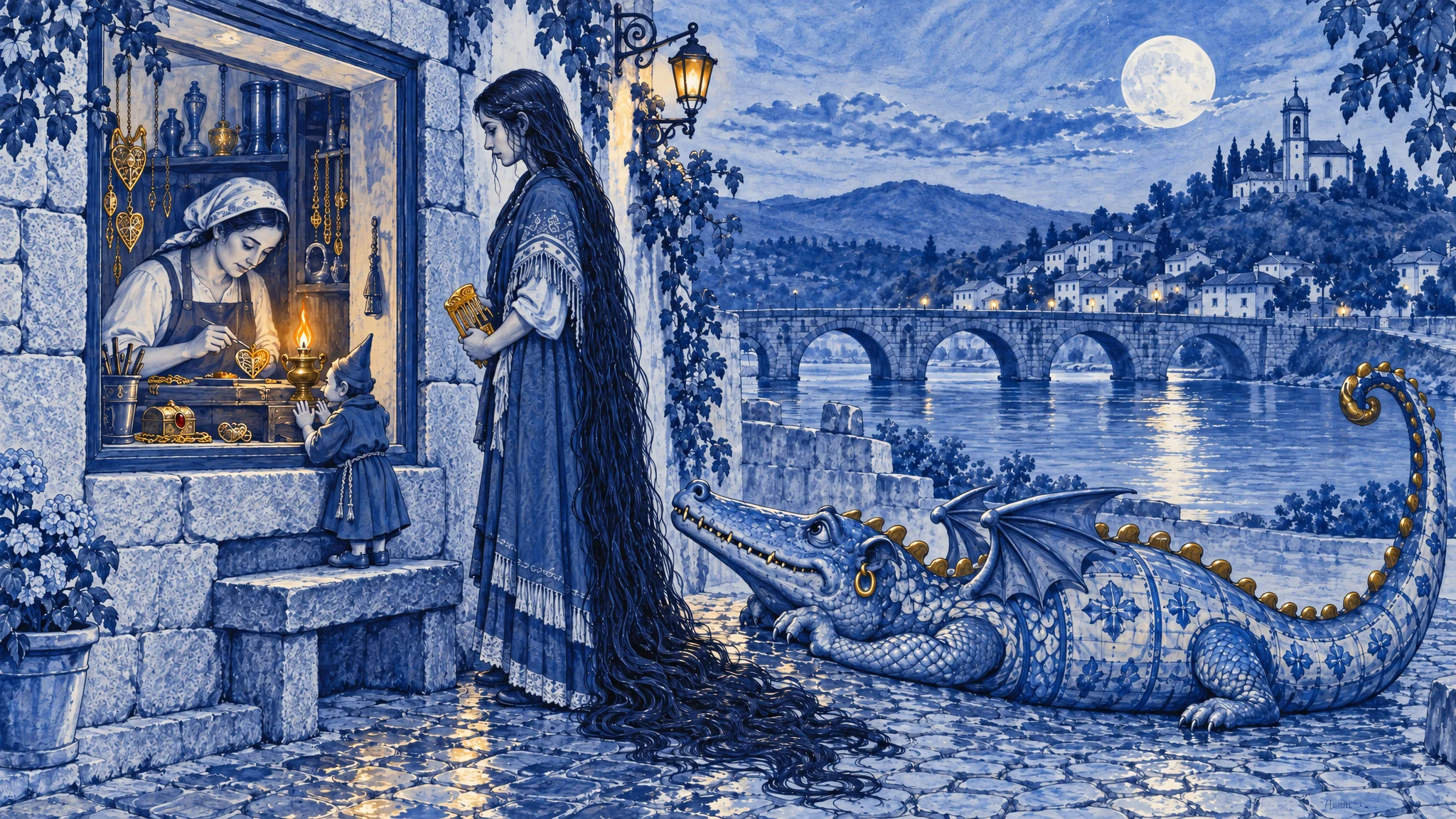 Dusk outside a granite goldsmith's shop painted as a blue-and-white tile panel. Inside, the goldsmith works on a gold heart by lamplight; outside wait a woman with long wet hair holding a broken gold comb, a crocodile-snouted festival dragon with a gold hoop in its ear, and a tiny friar-sprite at the window.